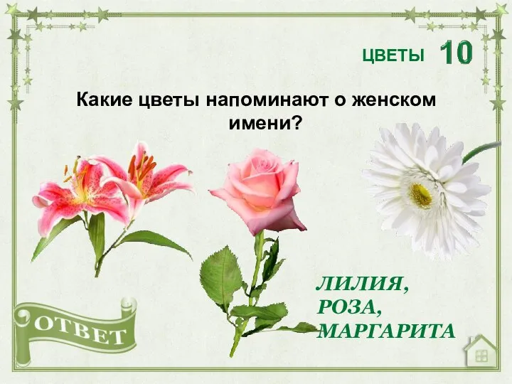 Какие цветы напоминают о женском имени? ЛИЛИЯ, РОЗА, МАРГАРИТА ЦВЕТЫ