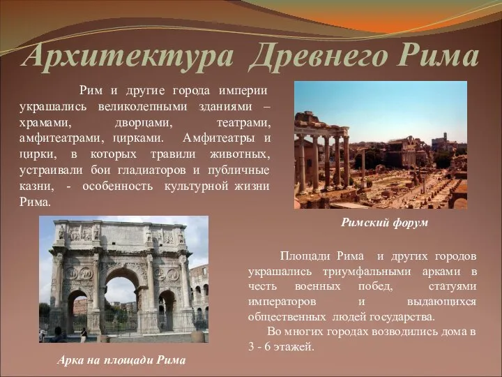 Архитектура Древнего Рима Рим и другие города империи украшались великолепными зданиями –