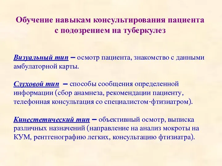 Обучение навыкам консультирования пациента с подозрением на туберкулез Визуальный тип – осмотр