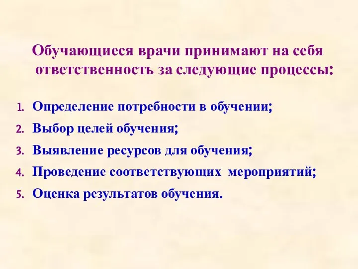 Обучающиеся врачи принимают на себя ответственность за следующие процессы: Определение потребности в