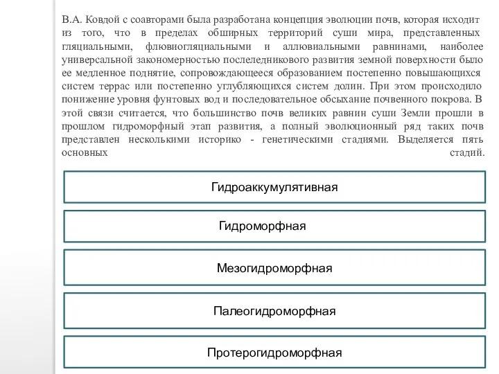 В.А. Ковдой с соавторами была разработана концепция эволю­ции почв, которая исходит из