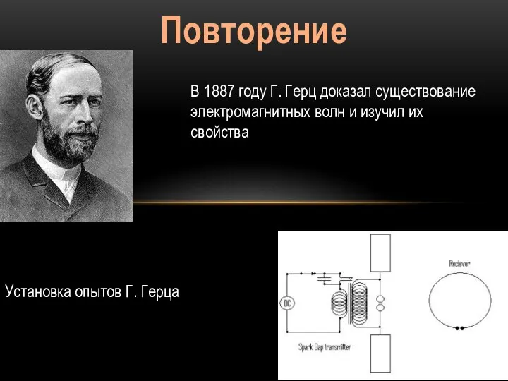 Повторение В 1887 году Г. Герц доказал существование электромагнитных волн и изучил