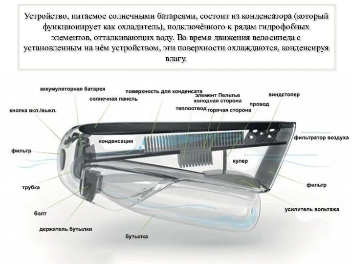 Устройство, питаемое солнечными батареями, состоит из конденсатора (который функционирует как охладитель), подключённого