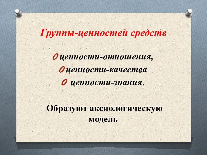 Группы-ценностей средств ценности-отношения, ценности-качества ценности-знания. Образуют аксиологическую модель