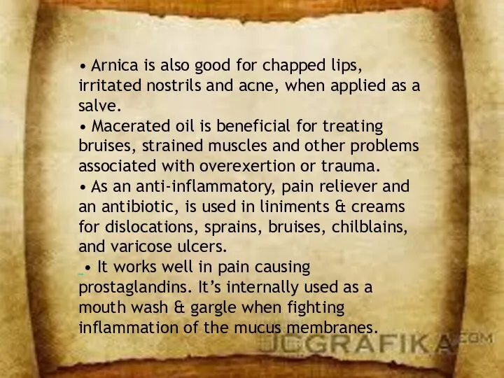 • Arnica is also good for chapped lips, irritated nostrils and acne,