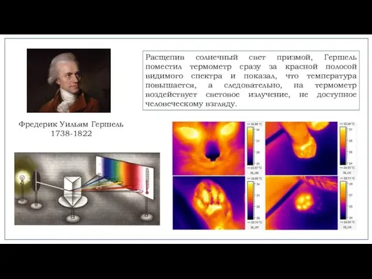 Фредерик Уильям Гершель 1738-1822 Расщепив солнечный свет призмой, Гершель поместил термометр сразу