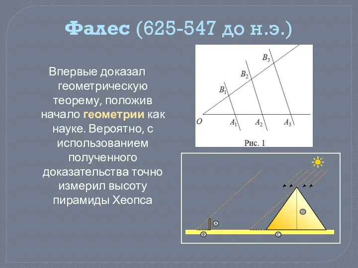 Фалес (625-547 до н.э.) Впервые доказал геометрическую теорему, положив начало геометрии как