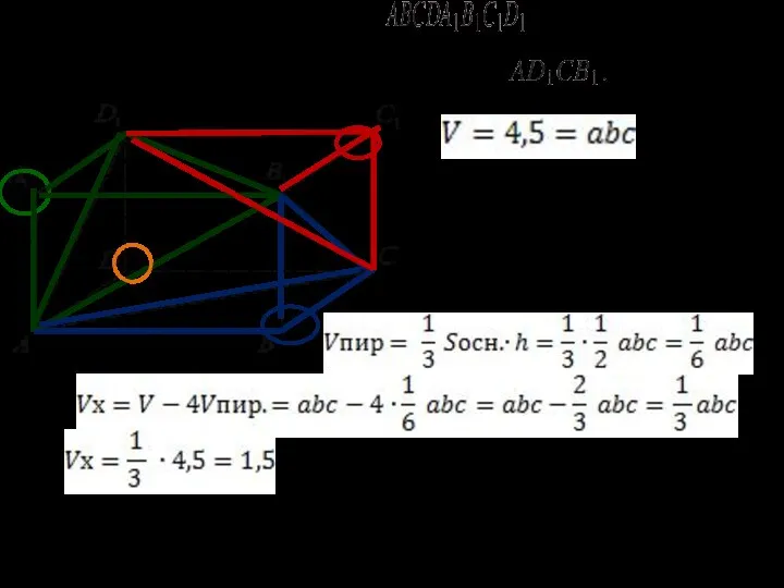 14. Объем параллелепипеда равен 4,5. Найдите объем треугольной пирамиды Ответ: 1,5.