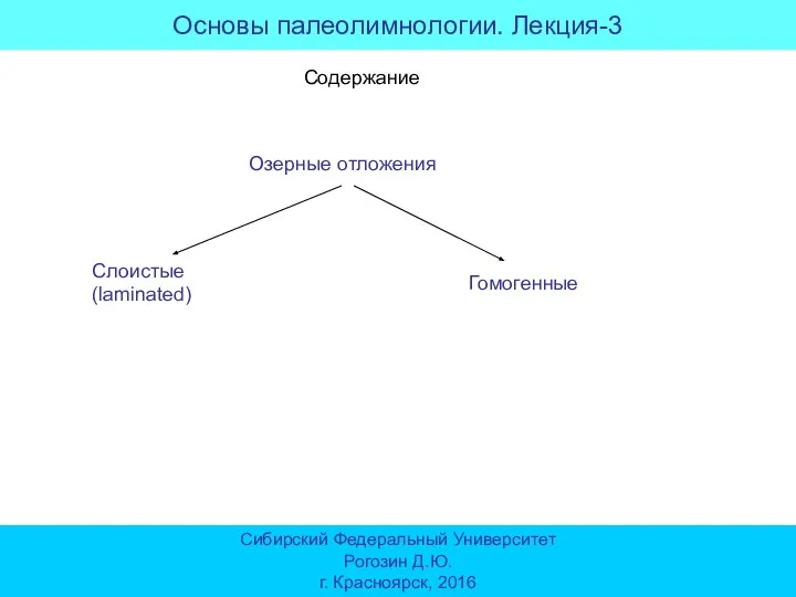 Основы палеолимнологии. Лекция-3 Сибирский Федеральный Университет Рогозин Д.Ю. г. Красноярск, 2016 Озерные