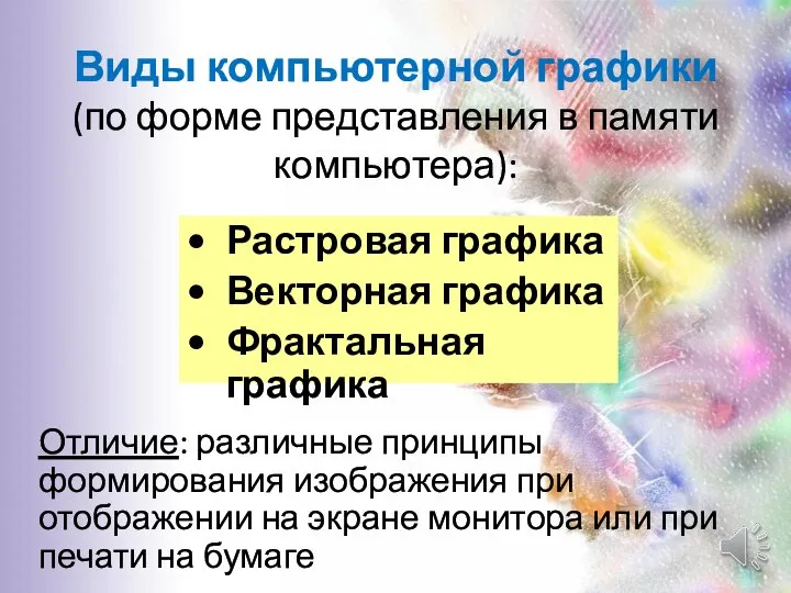 Виды компьютерной графики (по форме представления в памяти компьютера): Отличие: различные принципы