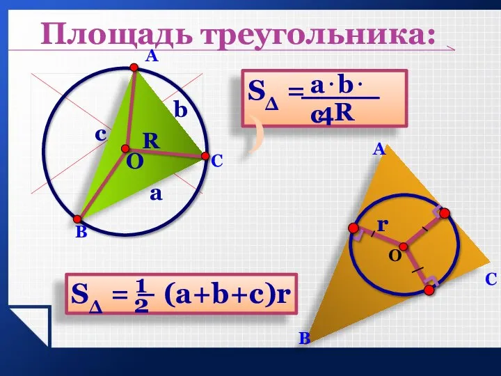 a b c О R Площадь треугольника: r