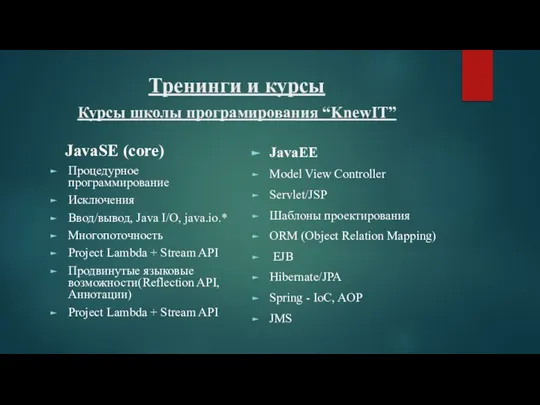 Тренинги и курсы Курсы школы програмирования “KnewIT” JavaSE (core) Процедурное программирование Исключения