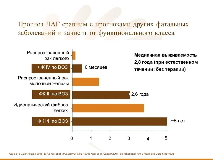 Прогноз ЛАГ сравним с прогнозами других фатальных заболеваний и зависит от функционального