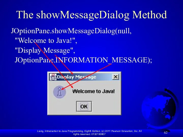 The showMessageDialog Method JOptionPane.showMessageDialog(null, "Welcome to Java!", "Display Message", JOptionPane.INFORMATION_MESSAGE);