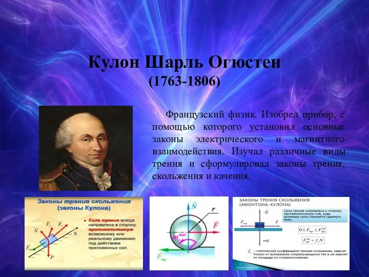 Кулон Шарль Огюстен (1763-1806) Французский физик. Изобрел прибор, с помощью которого установил