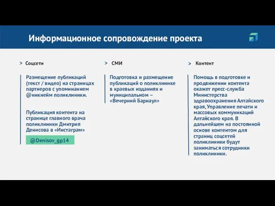 Информационное сопровождение проекта Соцсети Размещение публикаций (текст / видео) на страницах партнеров