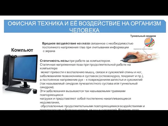 ОФИСНАЯ ТЕХНИКА И ЕЁ ВОЗДЕЙСТВИЕ НА ОРГАНИЗМ ЧЕЛОВЕКА Компьютер Вредное воздействие на