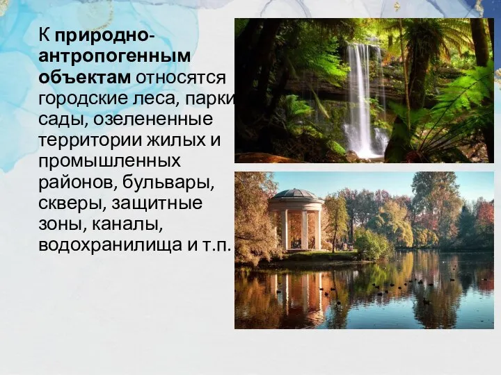 К природно-антропогенным объектам относятся городские леса, парки, сады, озелененные территории жилых и