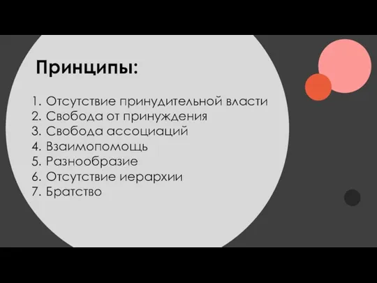 Принципы: Отсутствие принудительной власти Свобода от принуждения Свобода ассоциаций Взаимопомощь Разнообразие Отсутствие иерархии Братство