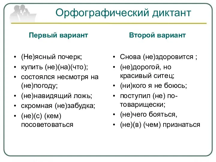 Орфографический диктант Первый вариант (Не)ясный почерк; купить (не)(на)(что); состоялся несмотря на (не)погоду;