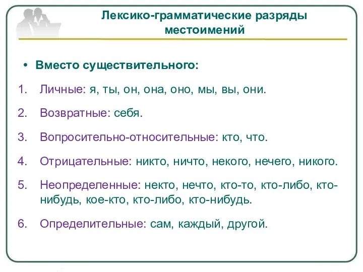 Лексико-грамматические разряды местоимений Вместо существительного: Личные: я, ты, он, она, оно, мы,