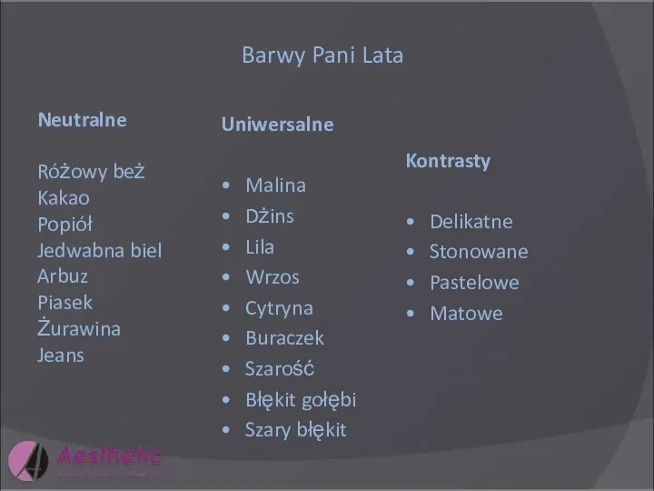 Barwy Pani Lata Neutralne Różowy beż Kakao Popiół Jedwabna biel Arbuz Piasek