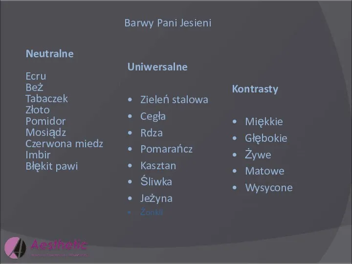 Barwy Pani Jesieni Neutralne Ecru Beż Tabaczek Złoto Pomidor Mosiądz Czerwona miedz