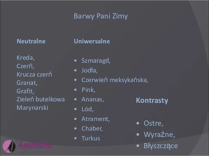 Barwy Pani Zimy Neutralne Kreda, Czerń, Krucza czerń Granat, Grafit, Zieleń butelkowa