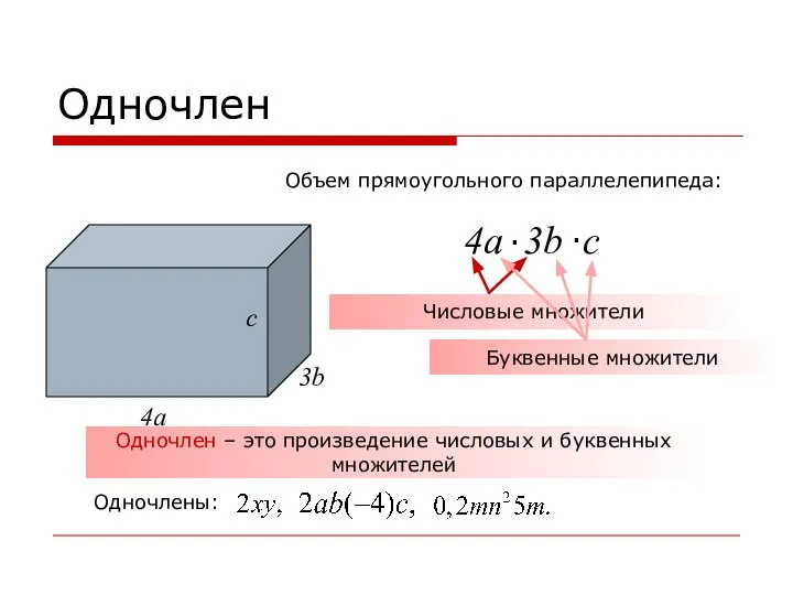 Одночлен 4а 3b c Объем прямоугольного параллелепипеда: Числовые множители Буквенные множители Одночлен