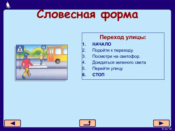 Словесная форма Пример: Переход улицы: НАЧАЛО Подойти к переходу. Посмотри на светофор.