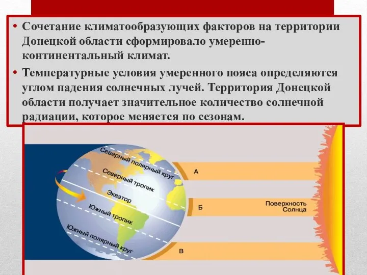 Сочетание климатообразующих факторов на территории Донецкой области сформировало умеренно-континентальный климат. Температурные условия