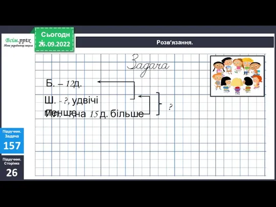 26.09.2022 Сьогодні Розв’язання. Підручник. Сторінка 26 Підручник. Задача 157 Б. – 12д.