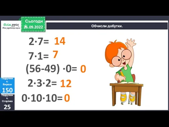 26.09.2022 Сьогодні Обчисли добутки. 2·7= 14 Підручник. Сторінка 25 Підручник. Вирази 150