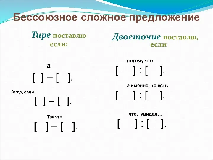 Бессоюзное сложное предложение Тире поставлю если: Двоеточие поставлю, если а [ ]