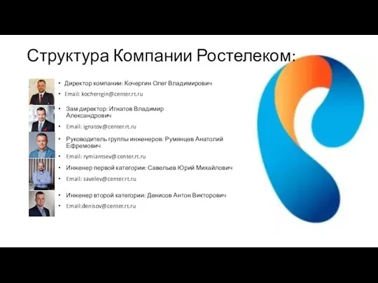 Структура Компании Ростелеком: Директор компании: Кочергин Олег Владимирович Email: kocherrgin@center.rt.ru Зам директор: