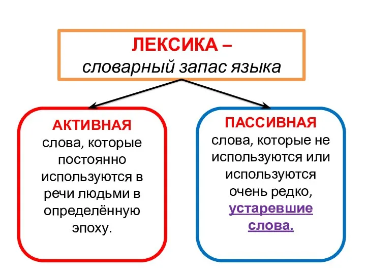 ЛЕКСИКА – словарный запас языка АКТИВНАЯ слова, которые постоянно используются в речи