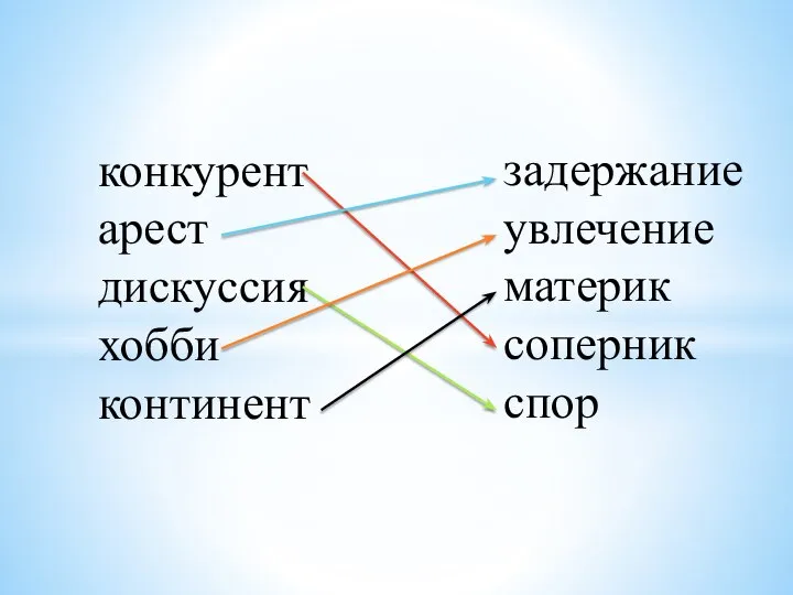 конкурент арест дискуссия хобби континент задержание увлечение материк соперник спор