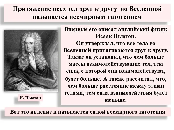 Притяжение всех тел друг к другу во Вселенной называется всемирным тяготением Впервые