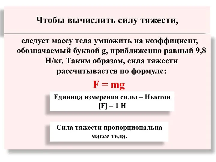 Чтобы вычислить силу тяжести, следует массу тела умножить на коэффициент, обозначаемый буквой