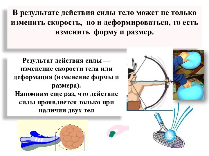 В результате действия силы тело может не только изменить скорость, но и