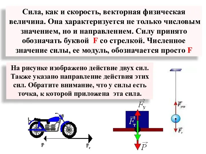 Сила, как и скорость, векторная физическая величина. Она характеризуется не только числовым