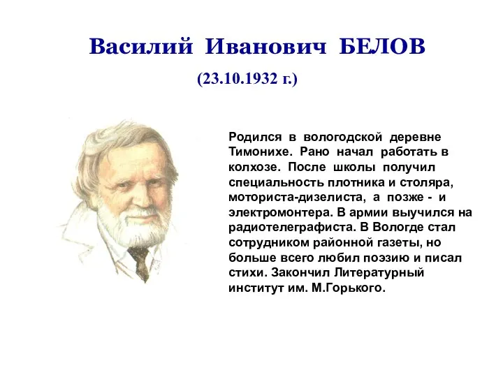 Василий Иванович БЕЛОВ (23.10.1932 г.) Родился в вологодской деревне Тимонихе. Рано начал