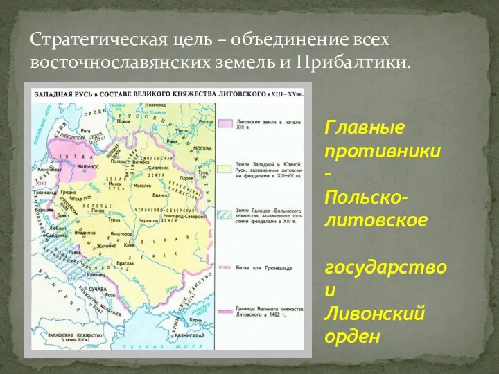 Стратегическая цель – объединение всех восточнославянских земель и Прибалтики. Главные противники –