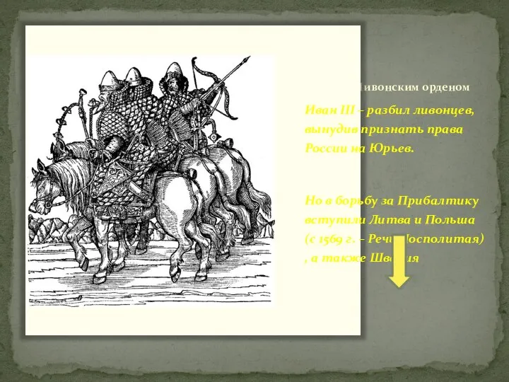 Борьба с Ливонским орденом Иван III – разбил ливонцев, вынудив признать права