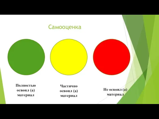 Самооценка Полностью освоил (а) материал Частично освоил (а) материал Не освоил (а) материал
