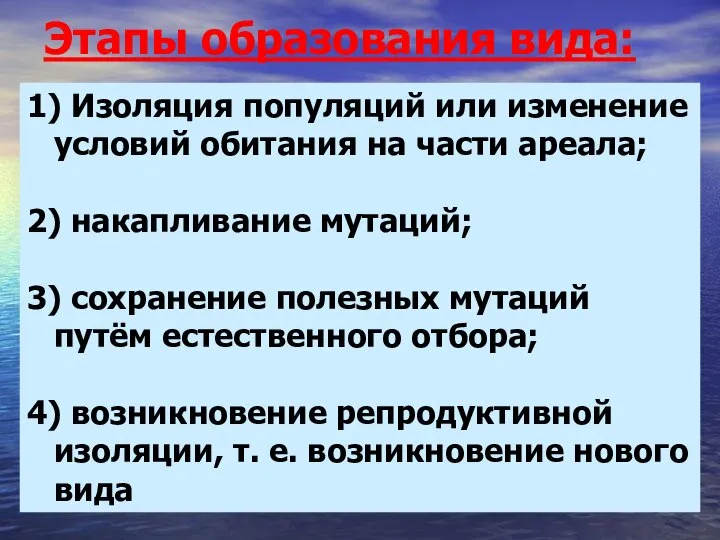 Этапы образования вида: 1) Изоляция популяций или изменение условий обитания на части