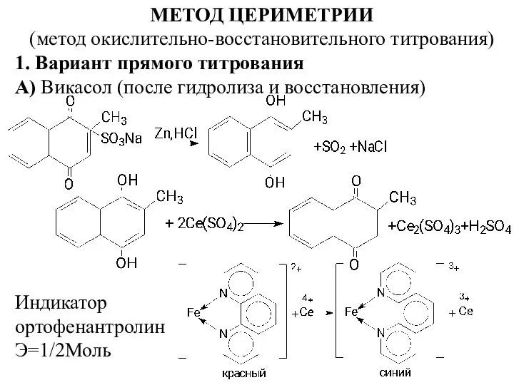 МЕТОД ЦЕРИМЕТРИИ (метод окислительно-восстановительного титрования) 1. Вариант прямого титрования А) Викасол (после