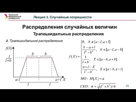 Лекция 3. Случайные погрешности Трапецеидальные распределения 2. Трапецеидальное распределение Распределения случайных величин