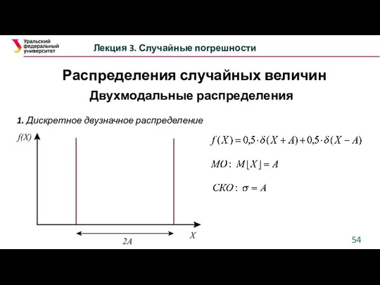 Лекция 3. Случайные погрешности Двухмодальные распределения 1. Дискретное двузначное распределение Распределения случайных величин