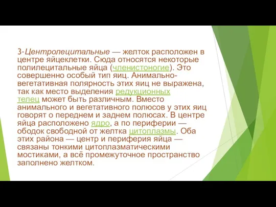 3-Центролецитальные — желток расположен в центре яйцеклетки. Сюда относятся некоторые полилецитальные яйца